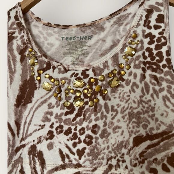 Teez Her brown & white animal print super grip tank top size M with rhinestone - Picture 2 of 6